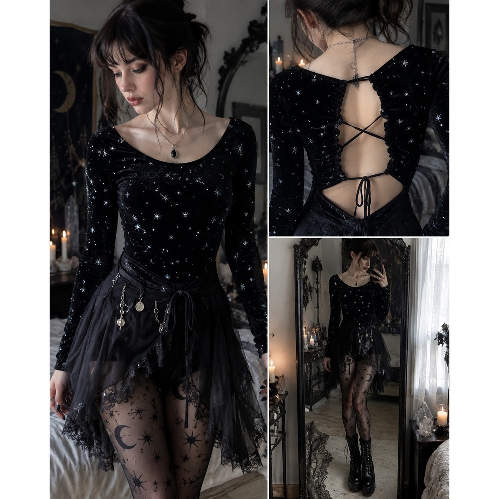 Wild Fable Black Velvet Celestial Star Moon Lace Up Back Whimsigoth Bodysuit S
